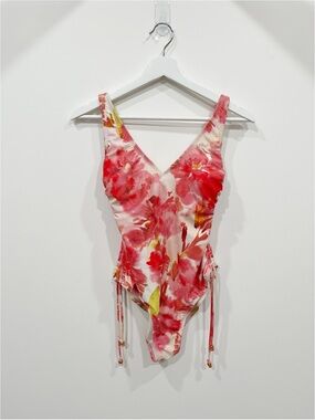 Shade & Shore Pink Floral Ruched V-Neck One Piece Swimsuit
